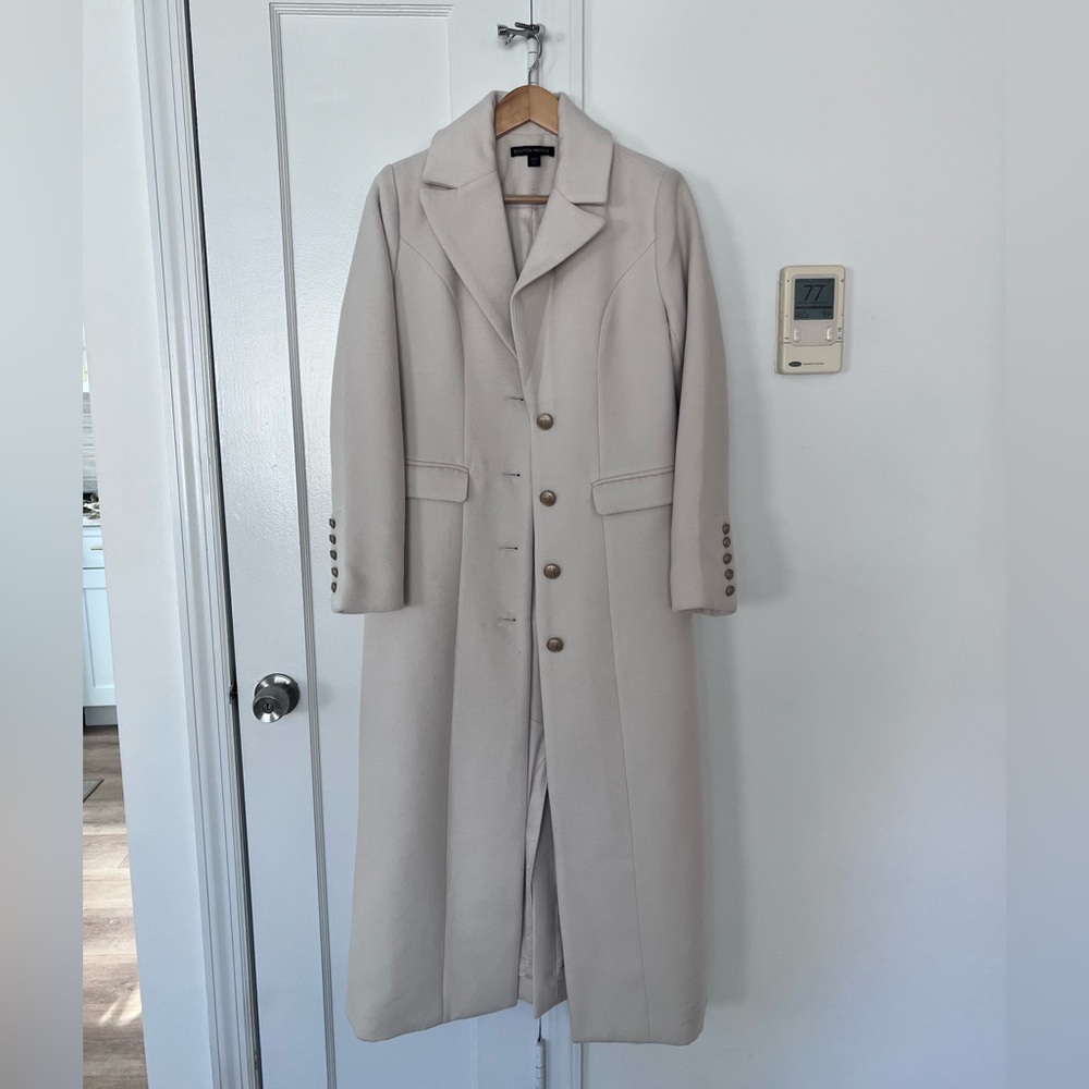 Boston Proper Cream Coat with Classic Collar. Full length.